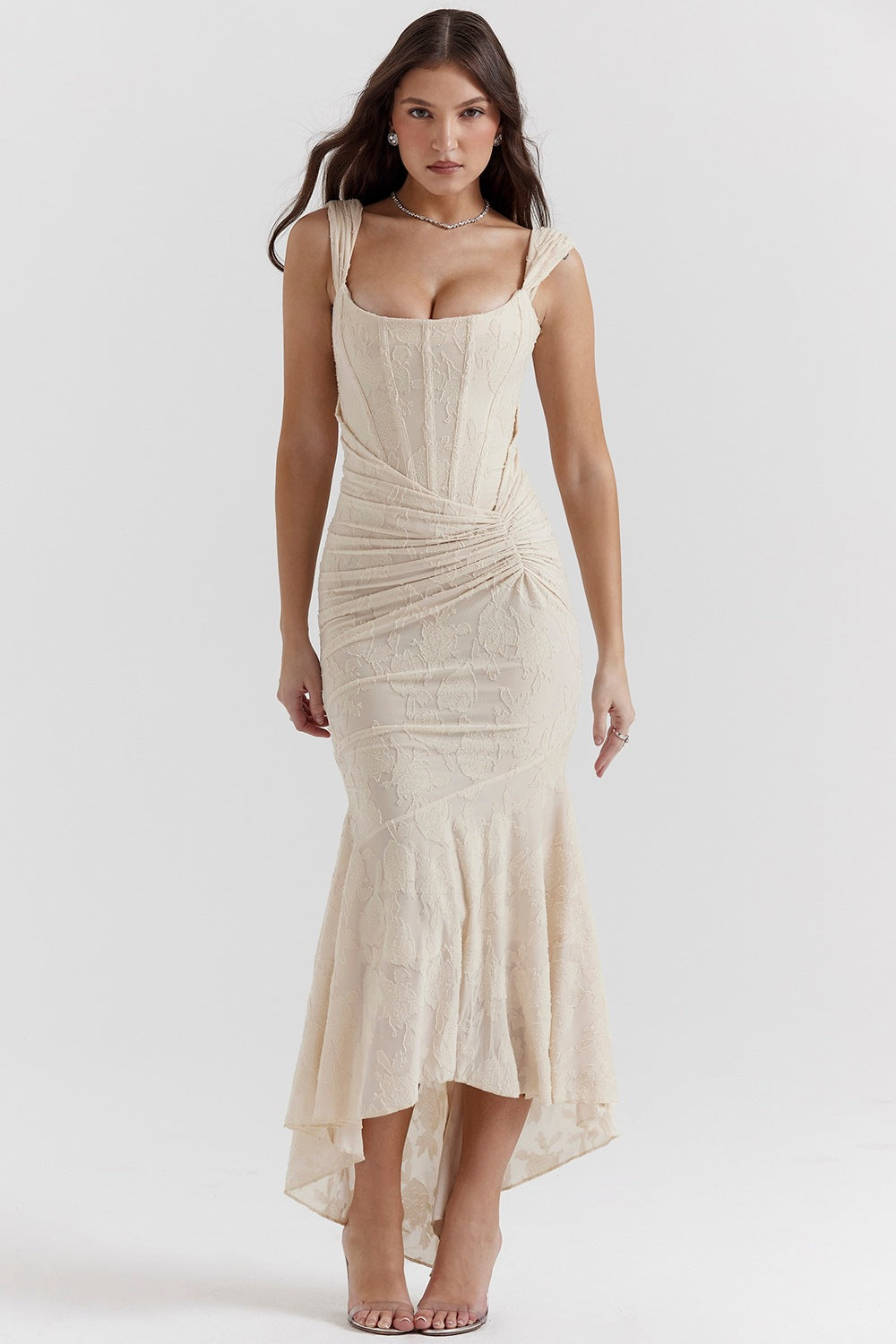Textured Floral Corset Midi Dress | Low Square Neck Ruched Bodycon Evening Gown