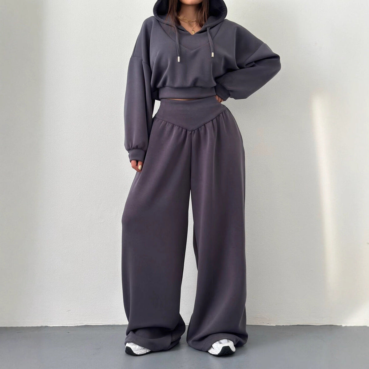 Women’s V-Neck Cropped Hoodie & Wide Leg Pants 2-Piece Set