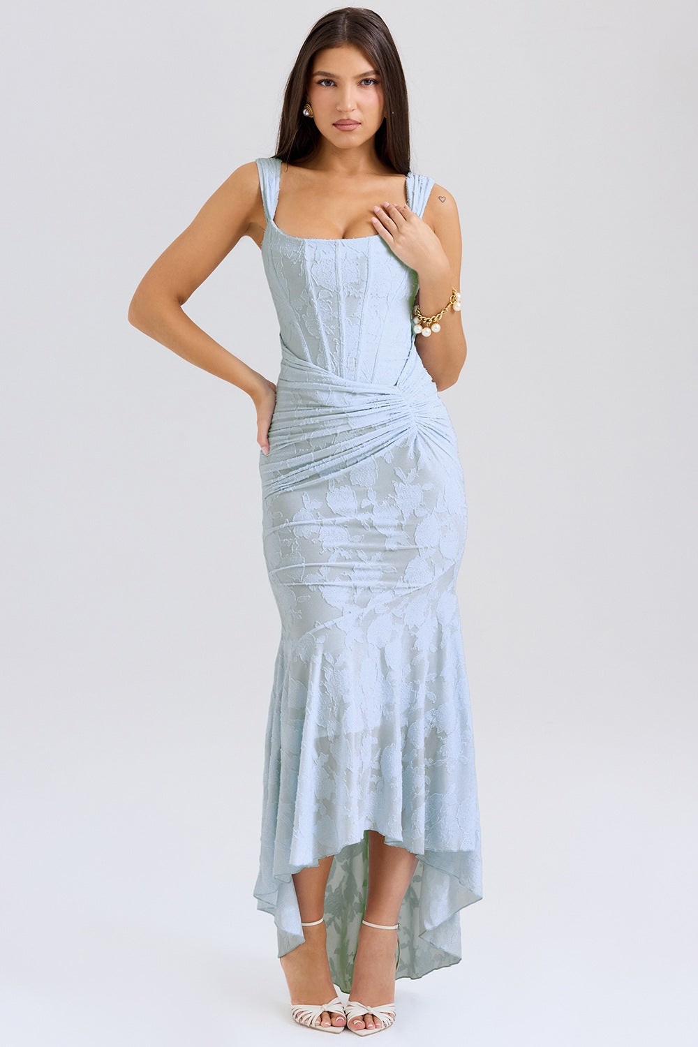 Textured Floral Corset Midi Dress | Low Square Neck Ruched Bodycon Evening Gown
