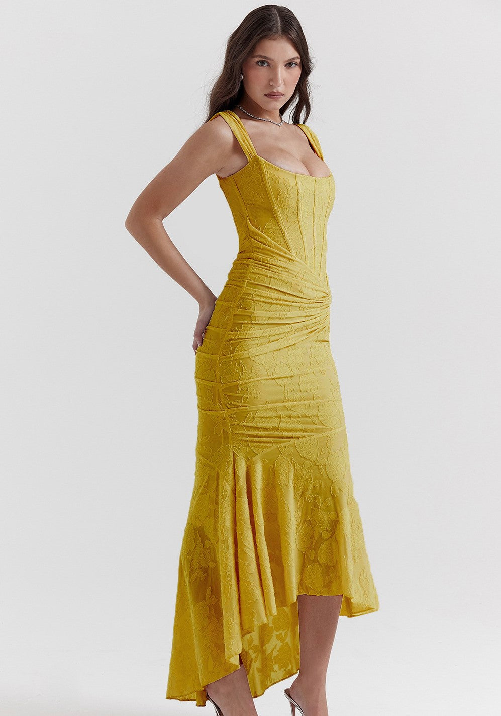 Textured Floral Corset Midi Dress | Low Square Neck Ruched Bodycon Evening Gown