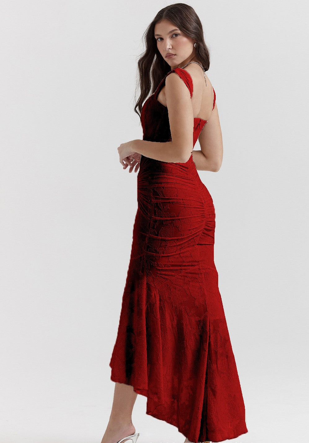 Textured Floral Corset Midi Dress | Low Square Neck Ruched Bodycon Evening Gown