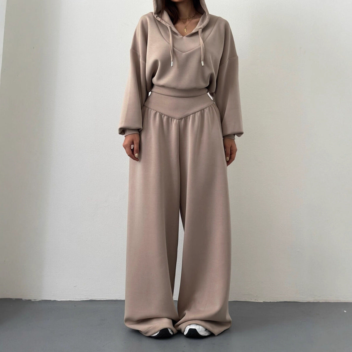 Women’s V-Neck Cropped Hoodie & Wide Leg Pants 2-Piece Set