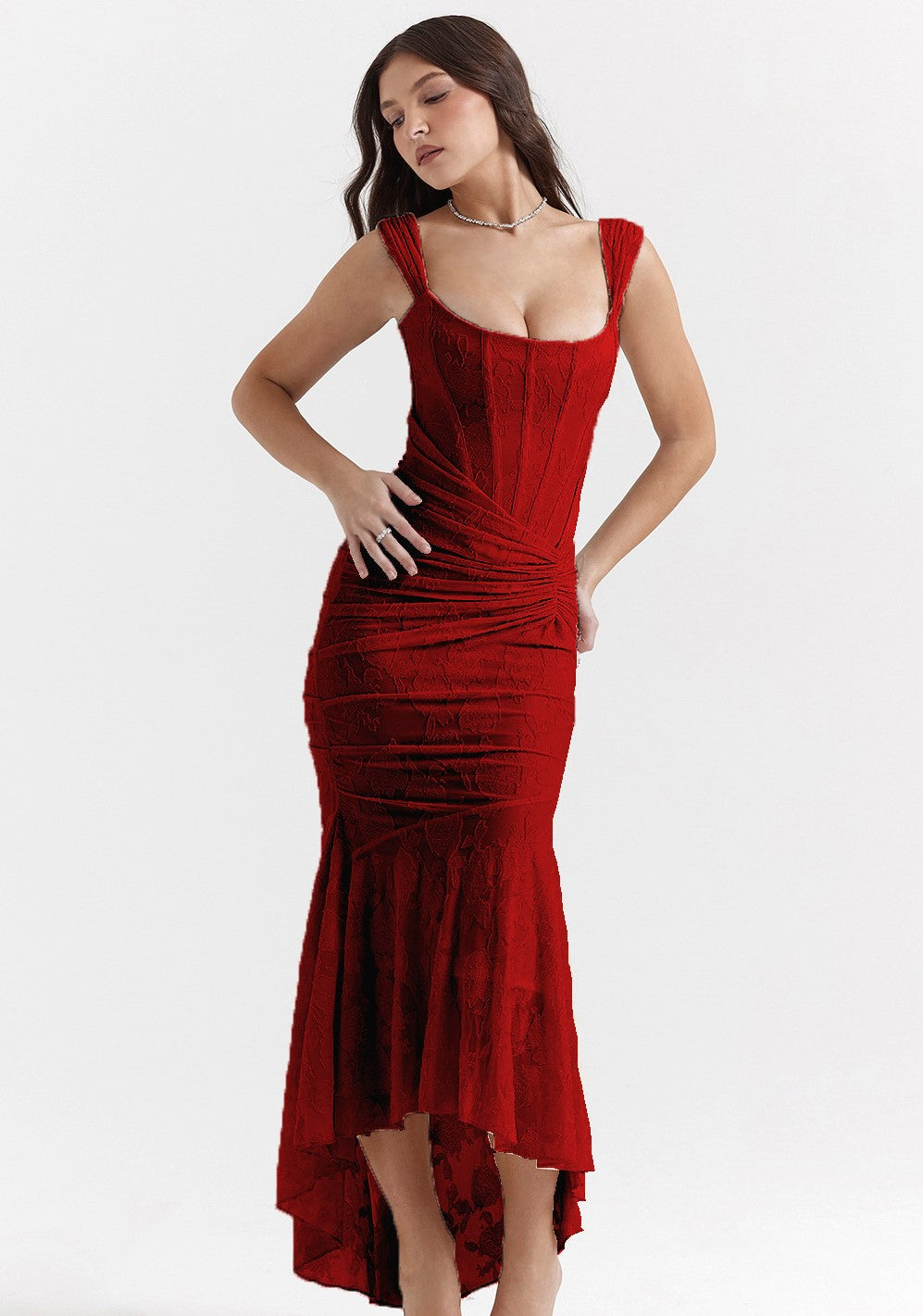 Textured Floral Corset Midi Dress | Low Square Neck Ruched Bodycon Evening Gown