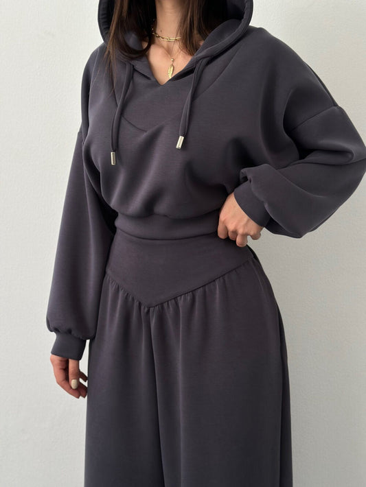 Women’s V-Neck Cropped Hoodie & Wide Leg Pants 2-Piece Set