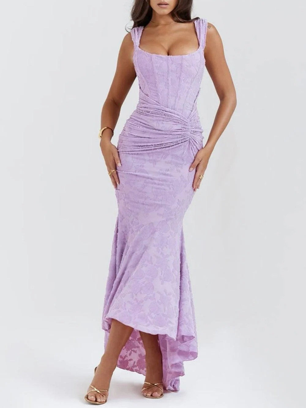 Textured Floral Corset Midi Dress | Low Square Neck Ruched Bodycon Evening Gown