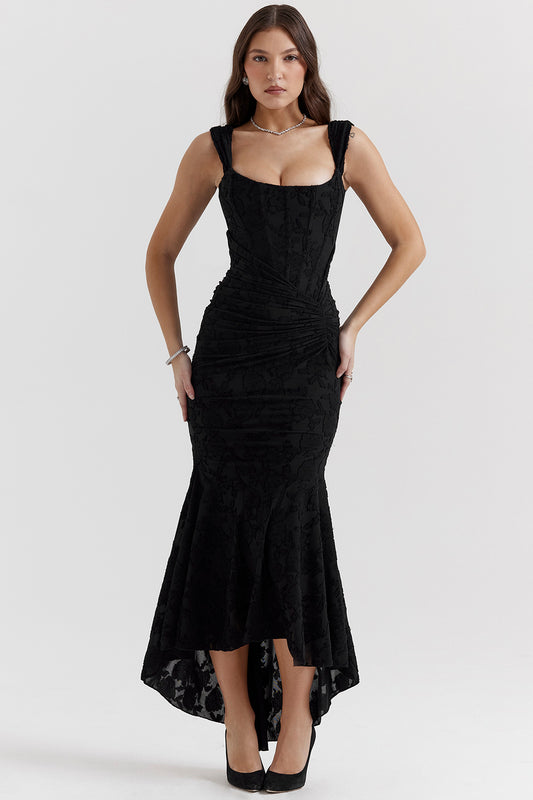 Textured Floral Corset Midi Dress | Low Square Neck Evening Gown