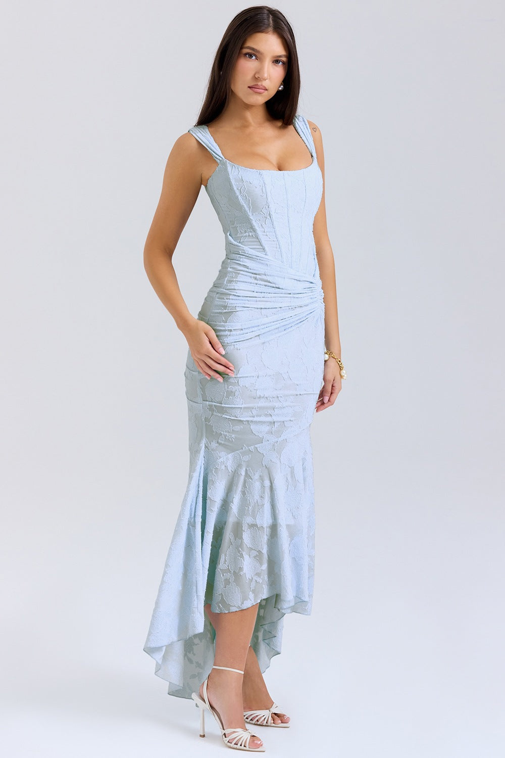 Textured Floral Corset Midi Dress | Low Square Neck Ruched Bodycon Evening Gown