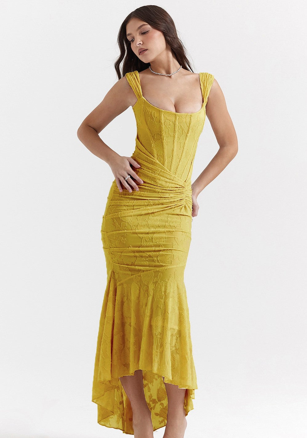 Textured Floral Corset Midi Dress | Low Square Neck Ruched Bodycon Evening Gown