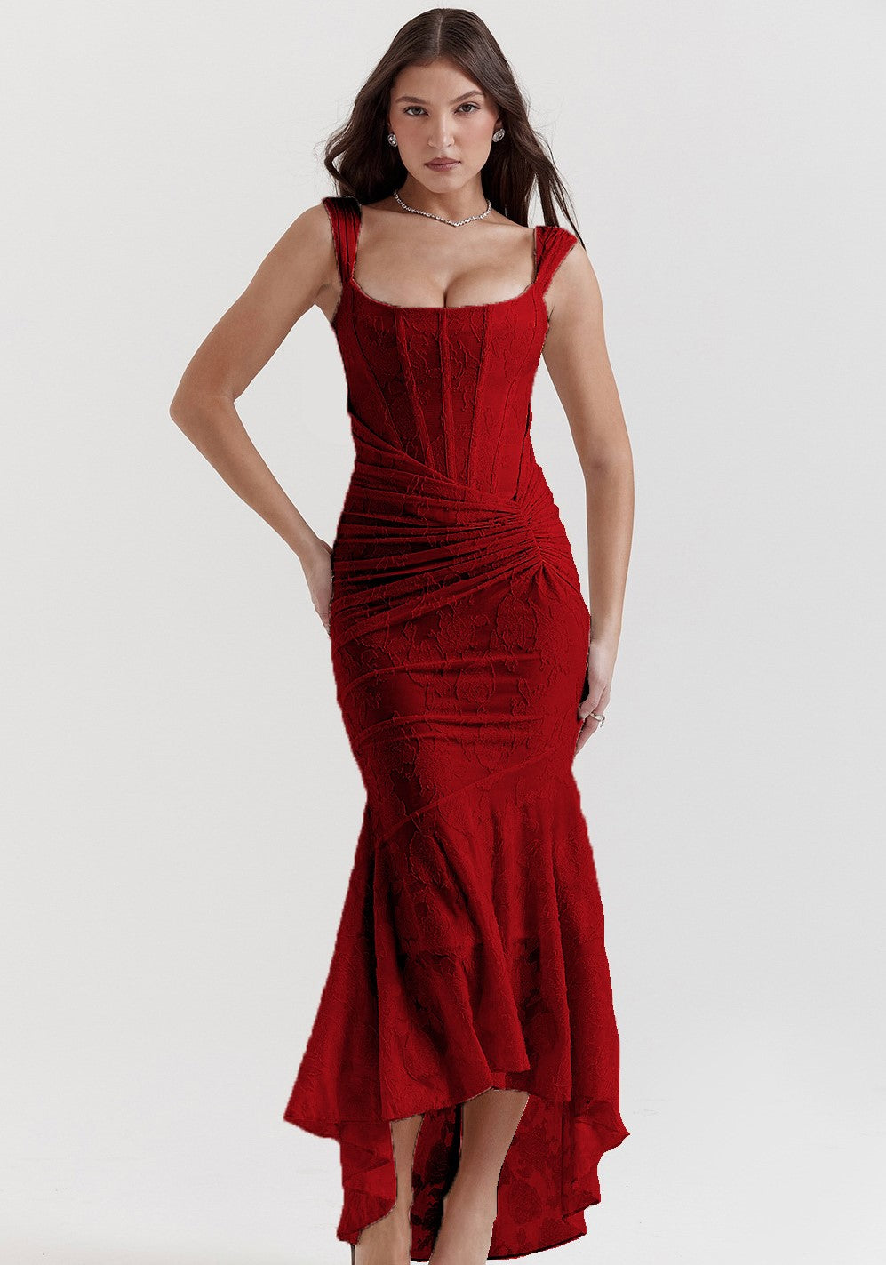 Textured Floral Corset Midi Dress | Low Square Neck Ruched Bodycon Evening Gown
